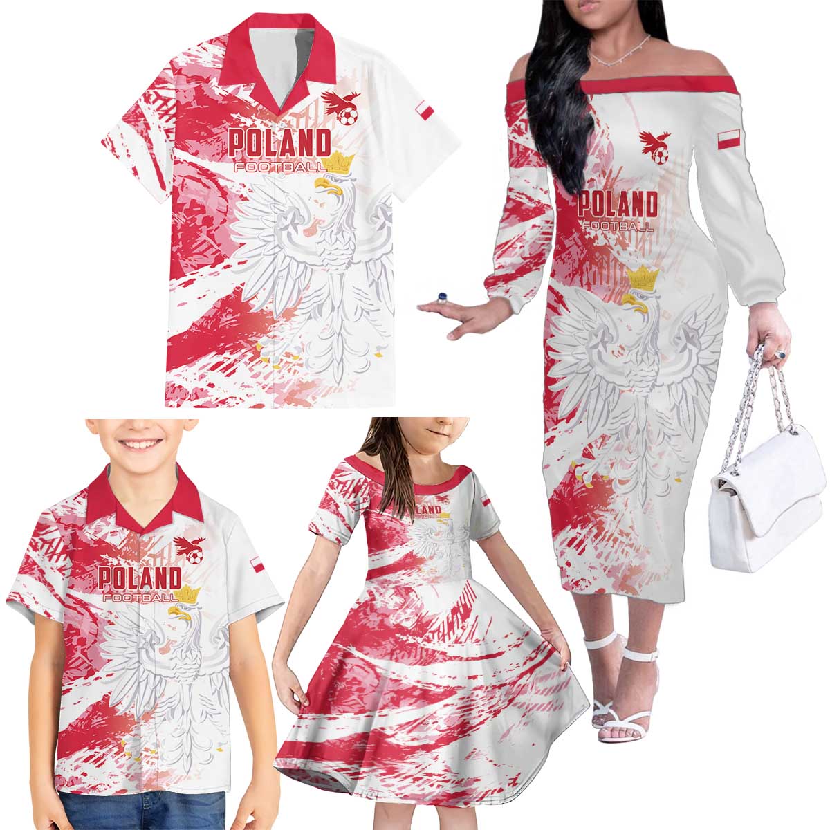 Custom Poland 2024 Football Family Matching Off The Shoulder Long Sleeve Dress and Hawaiian Shirt Orly Go Champions - Wonder Print Shop