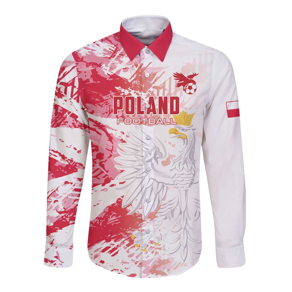 White long-sleeve button football shirt with red print, red collar, Poland crest