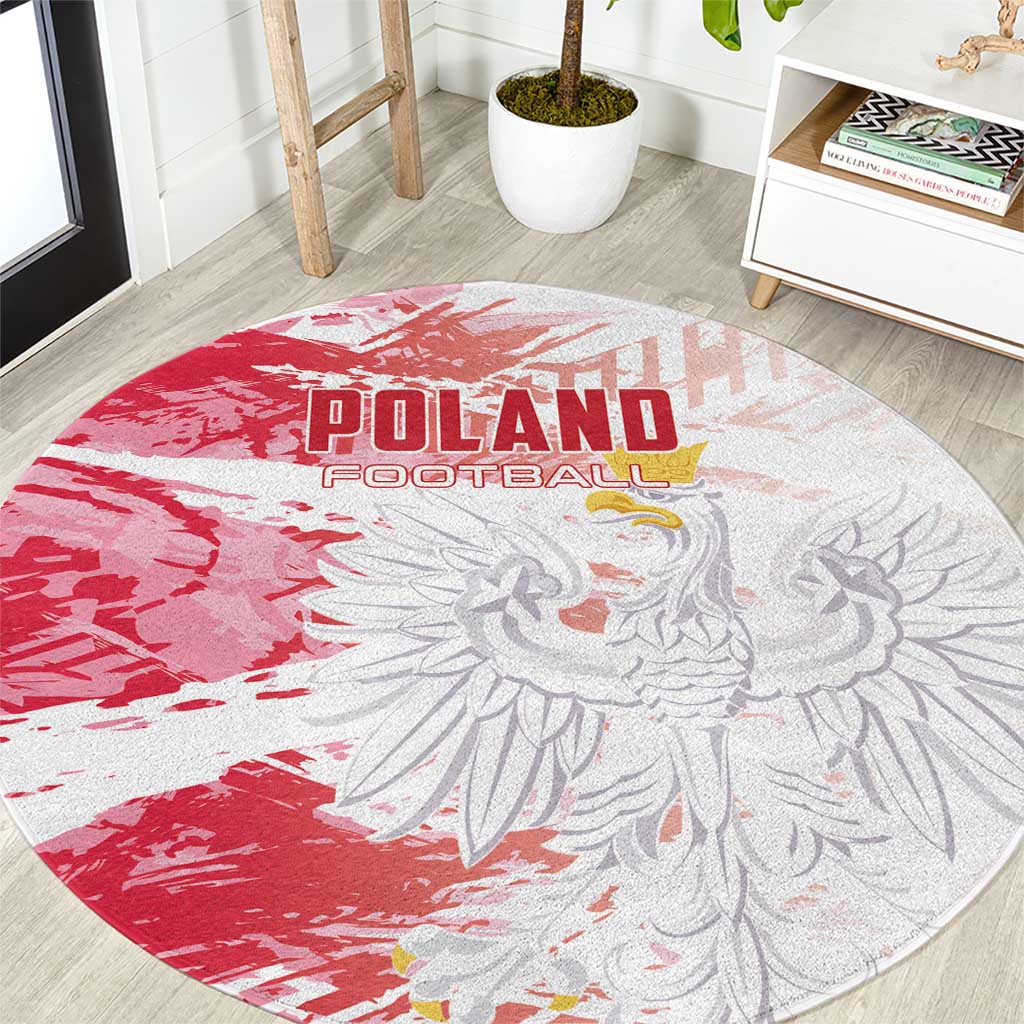 Red and white round football rug with POLAND and eagle graphic