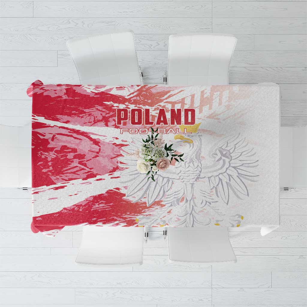 Red and white football-themed tablecloth with graphic crest and floral center