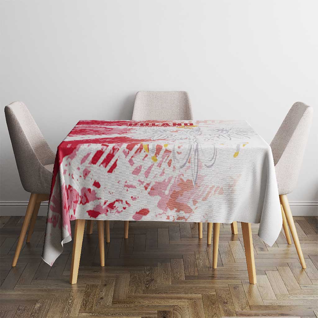 Red and white football-themed tablecloth with crest-style graphic on dining table