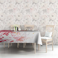 Red and white football-themed tablecloth with printed crest graphic and draped edge