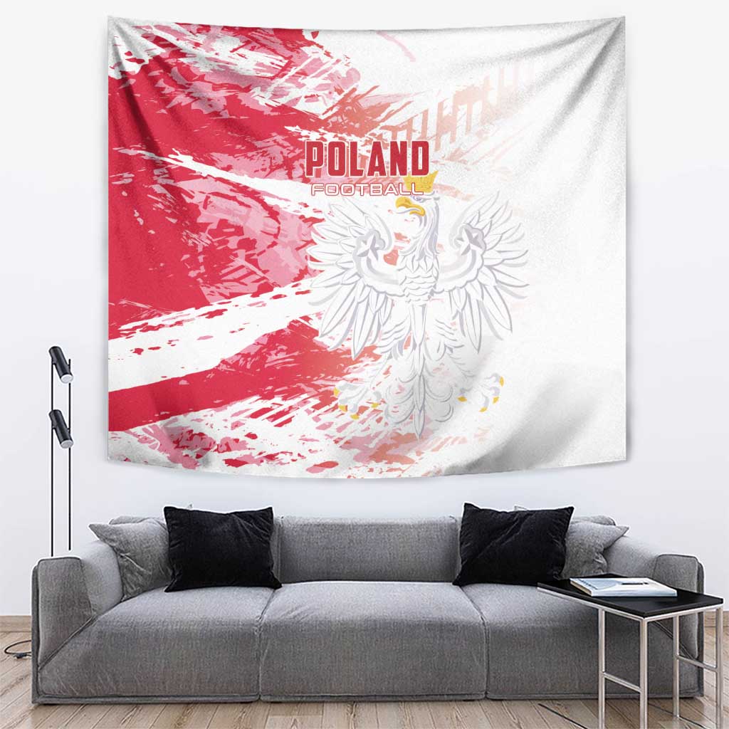 Red and white Poland football tapestry with large eagle crest and 'POLAND' text