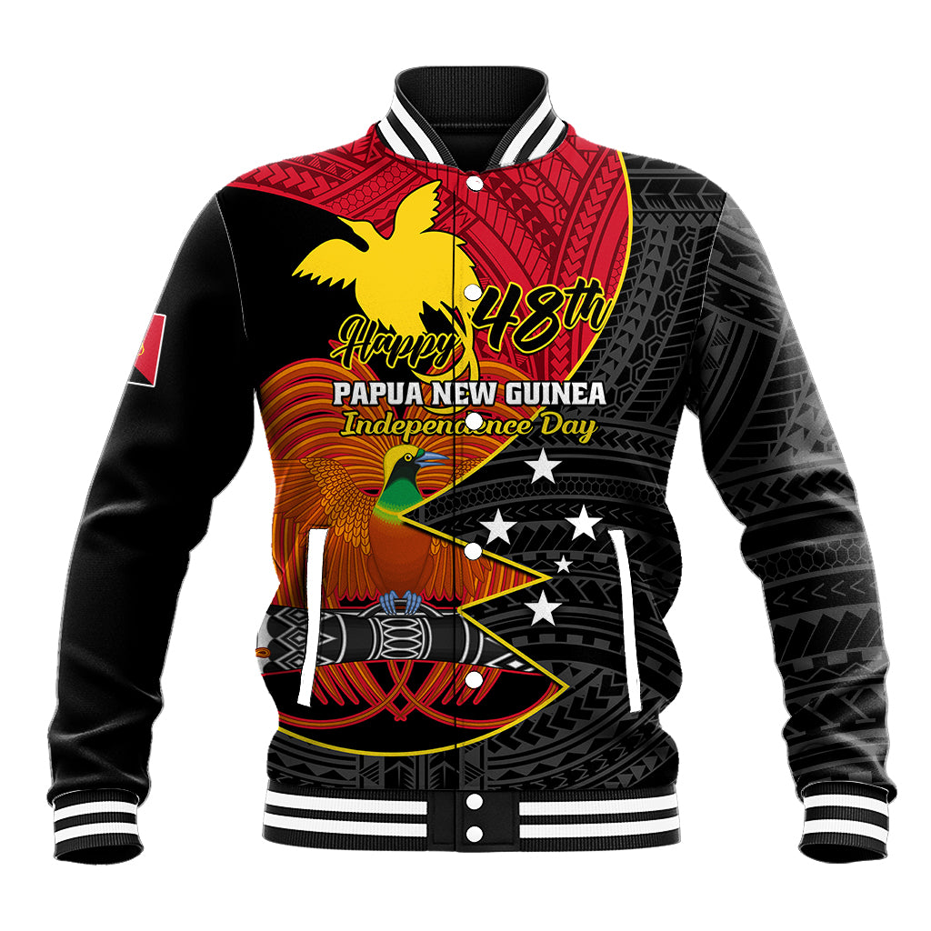 Black baseball jacket with red gold 'Happy 48th' front graphic and striped cuffs