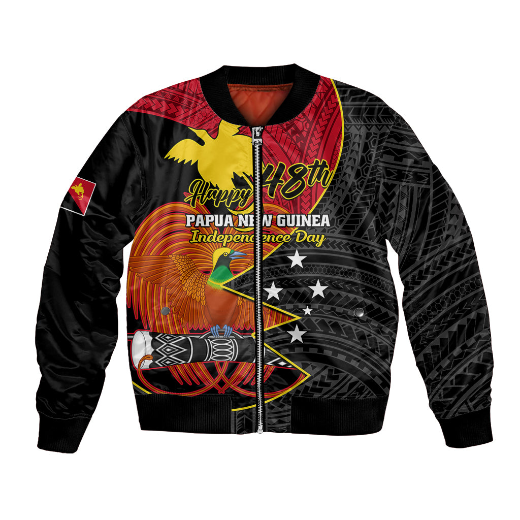 Black unisex bomber jacket with front zipper and colorful Papua New Guinea independence graphic