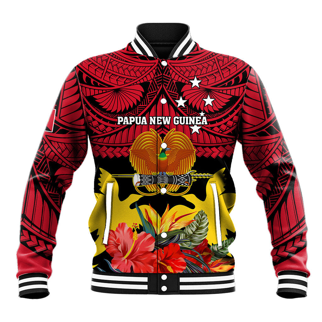 Red baseball jacket with tribal pattern, bird-of-paradise and floral print, snap front