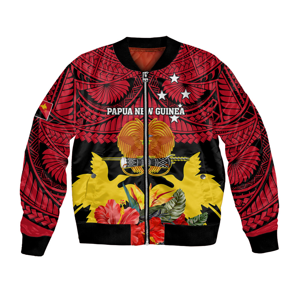 Red bomber jacket with black ribbed collar, full zip, Bird of Paradise print graphic