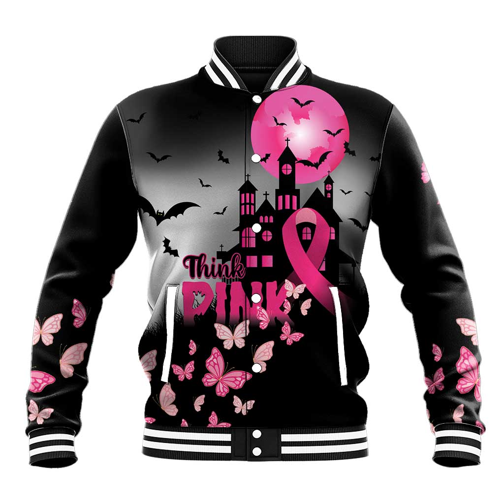 Black baseball varsity jacket with pink ribbon, bats, butterflies, striped collar, front graphic