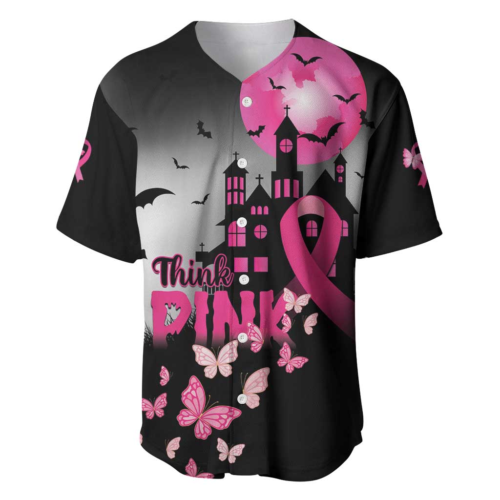 Black baseball jersey with pink ribbon heart, butterflies, bats, castle graphic, Think Pink