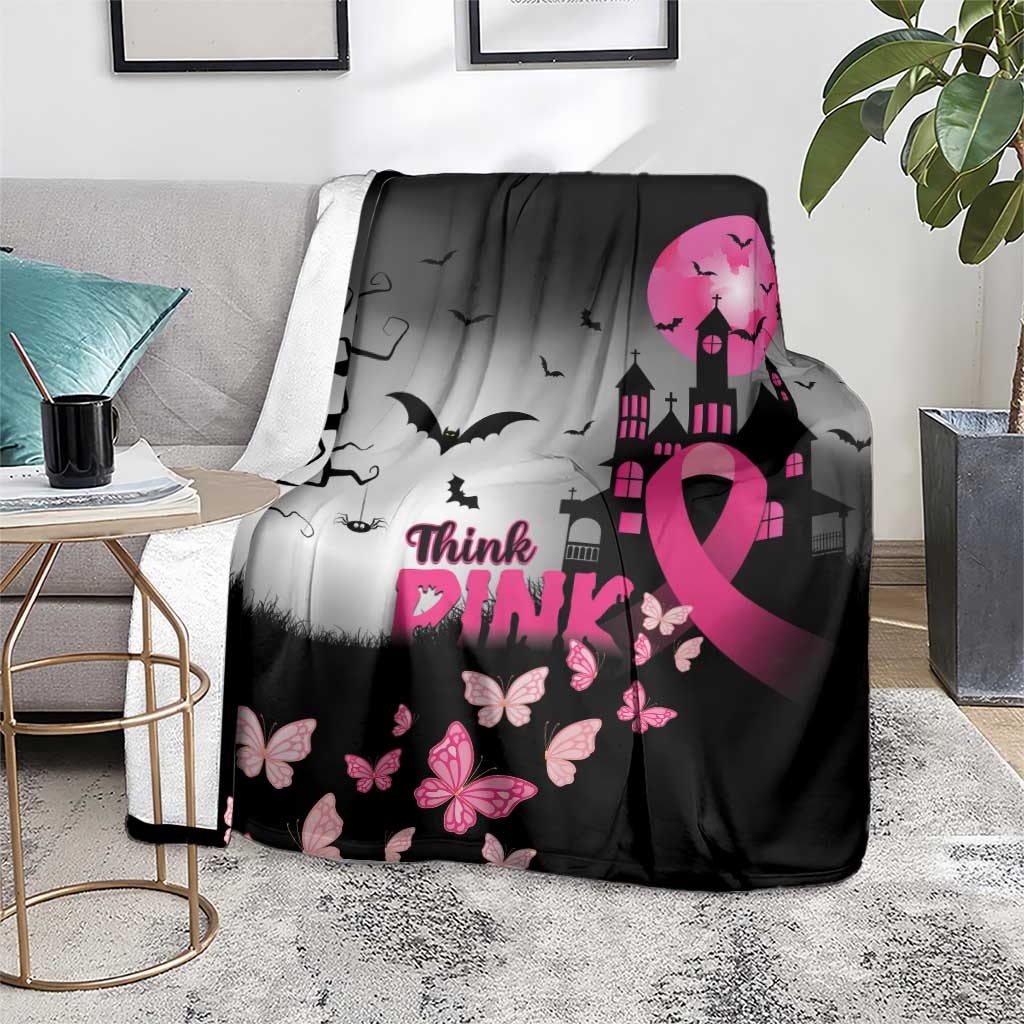 Black blanket with pink ribbon, butterflies, bats, and 'Think PINK' center design