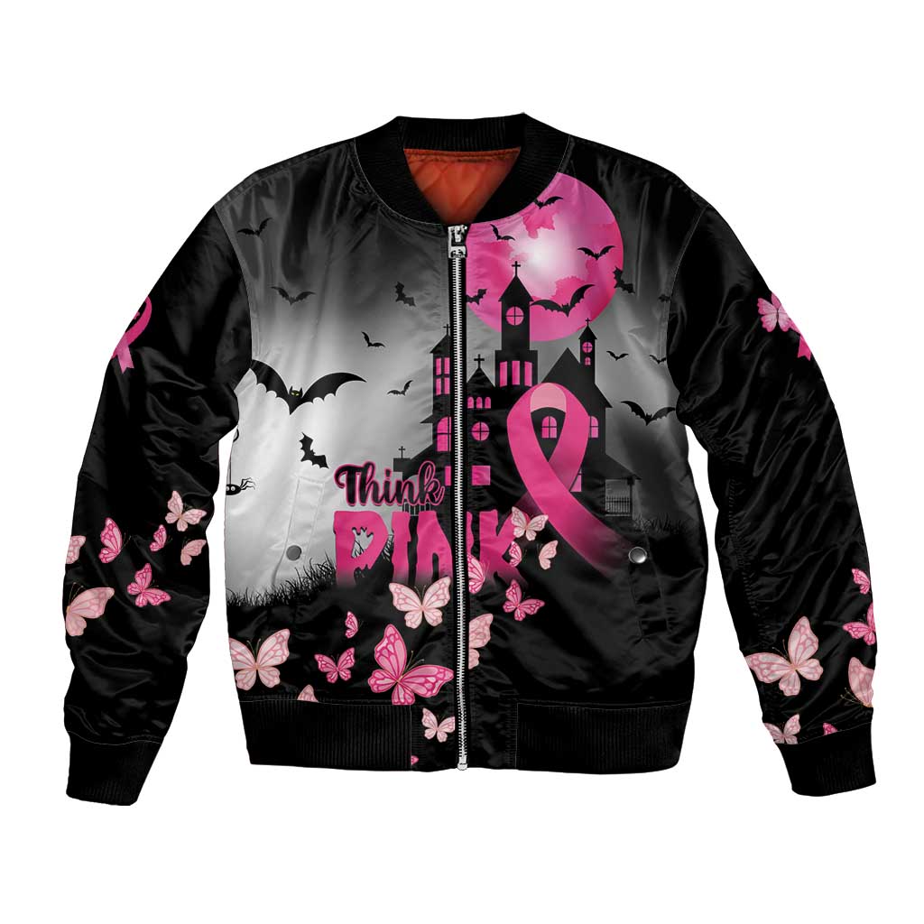 Black unisex bomber jacket with pink ribbon, bats, butterflies, and zip front