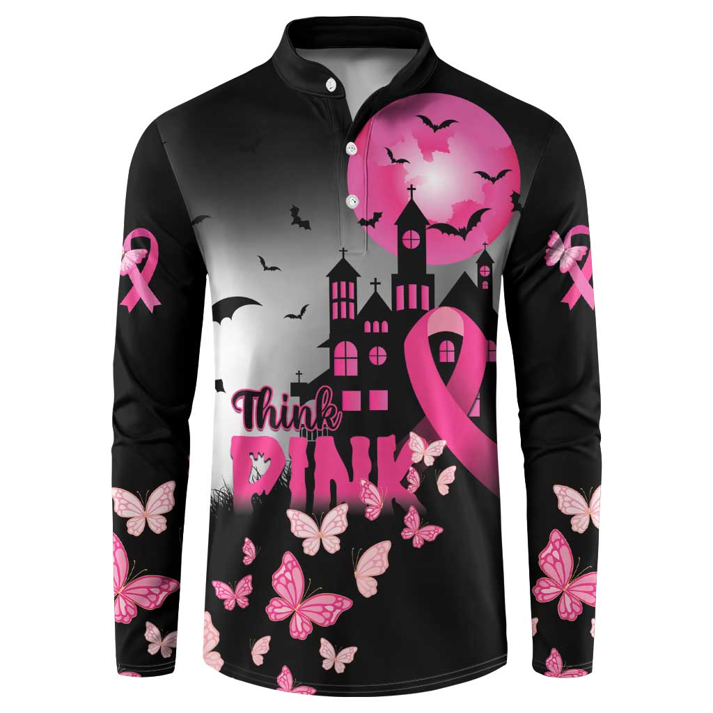 Black button sweatshirt with pink ribbon, haunted castle, bats and butterflies, front print