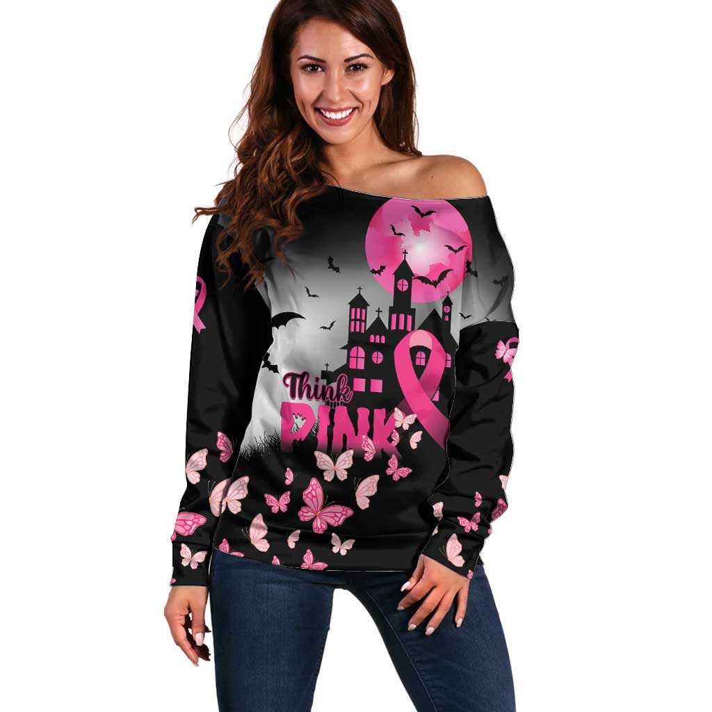 Personalized At Halloween We Think Pink Off Shoulder Sweater Pink Ribbon Butterflies - Wonder Print Shop