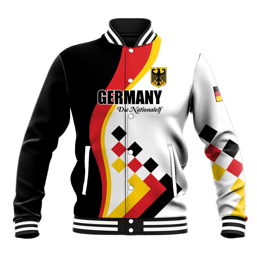 Colorblock varsity baseball jacket with Germany crest, ribbed collar and snap buttons