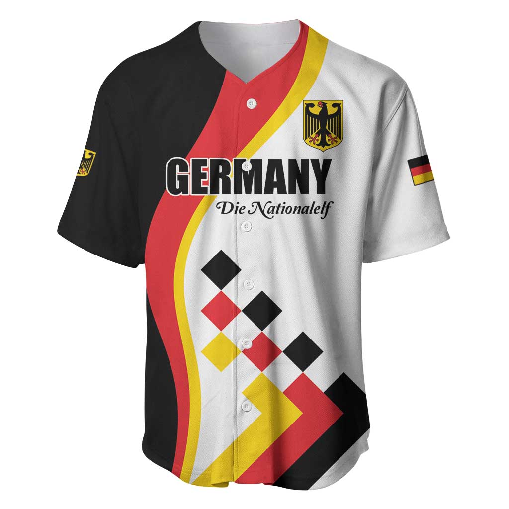 Girls football baseball jersey with Germany crest, V-neck, white/red/black graphic