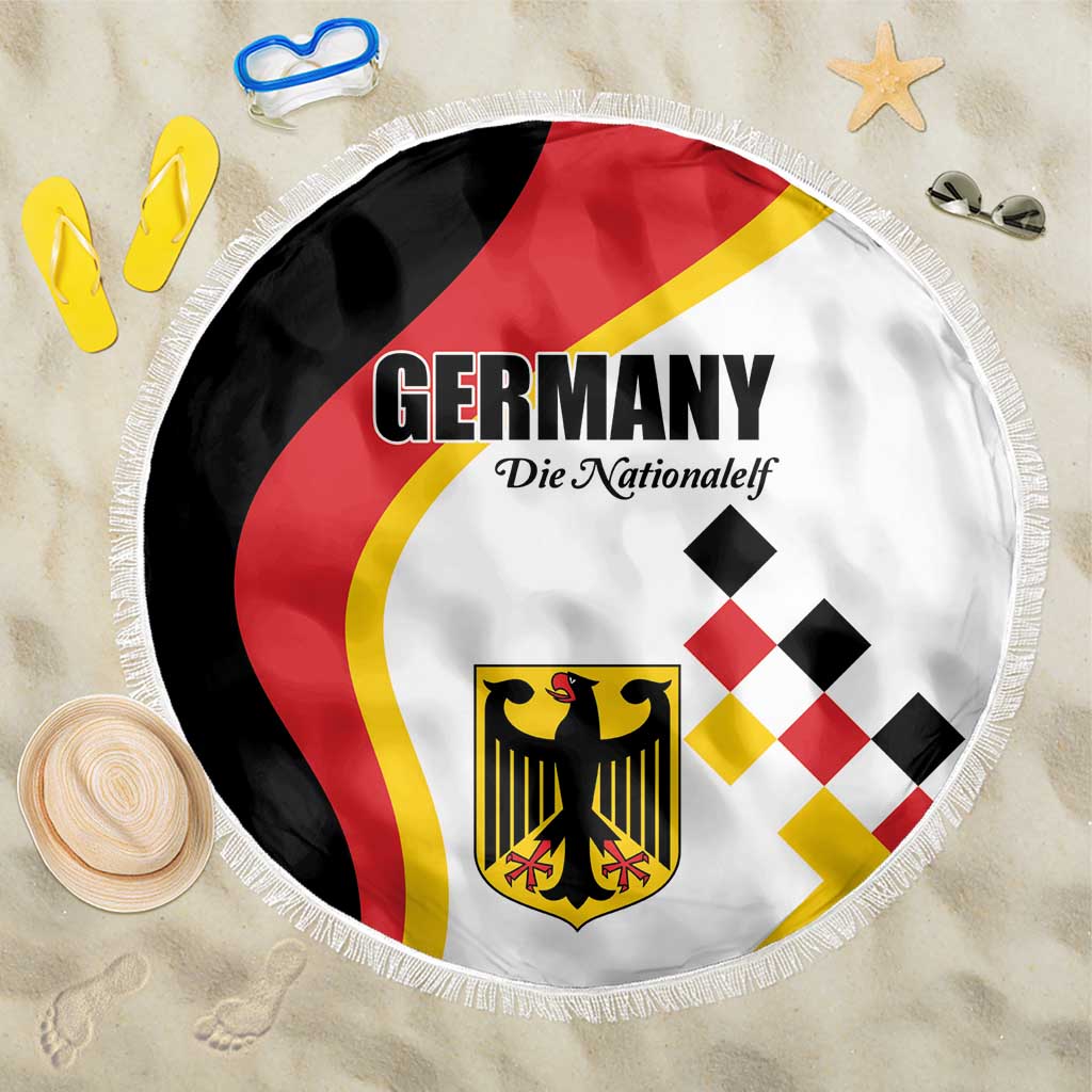 Round Germany football beach blanket with fringe, white base and red-yellow-black crest