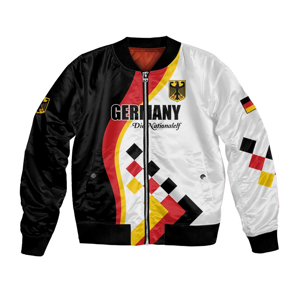 Black and white girls football bomber jacket, zip front with Germany text and crest patch