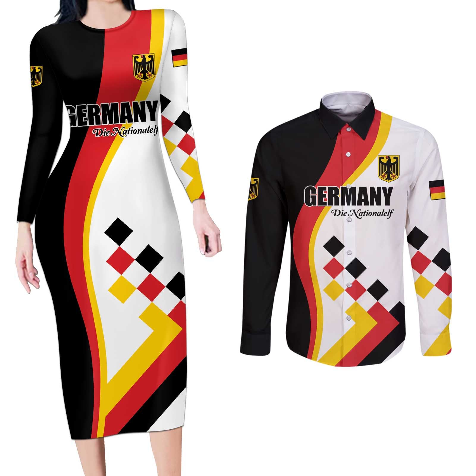 Custom Germany Football Couples Matching Long Sleeve Bodycon Dress and Long Sleeve Button Shirt Auf gehts Deutschland Girls - Wonder Print Shop