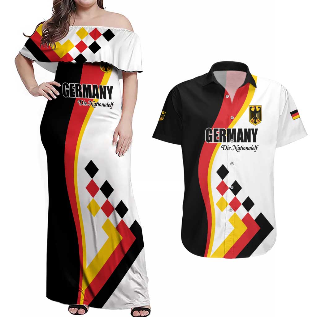 Custom Germany Football Couples Matching Off Shoulder Maxi Dress and Hawaiian Shirt Auf gehts Deutschland Girls - Wonder Print Shop