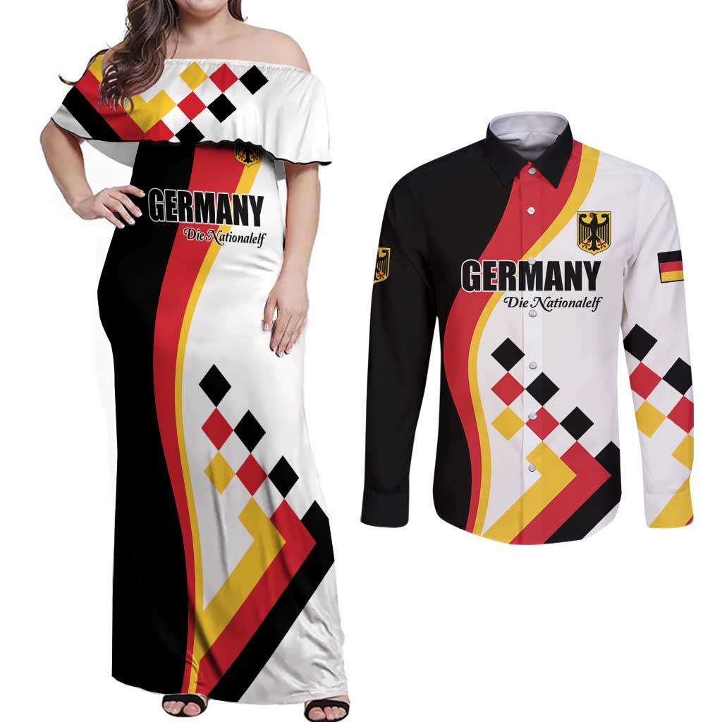 Custom Germany Football Couples Matching Off Shoulder Maxi Dress and Long Sleeve Button Shirt Auf gehts Deutschland Girls - Wonder Print Shop