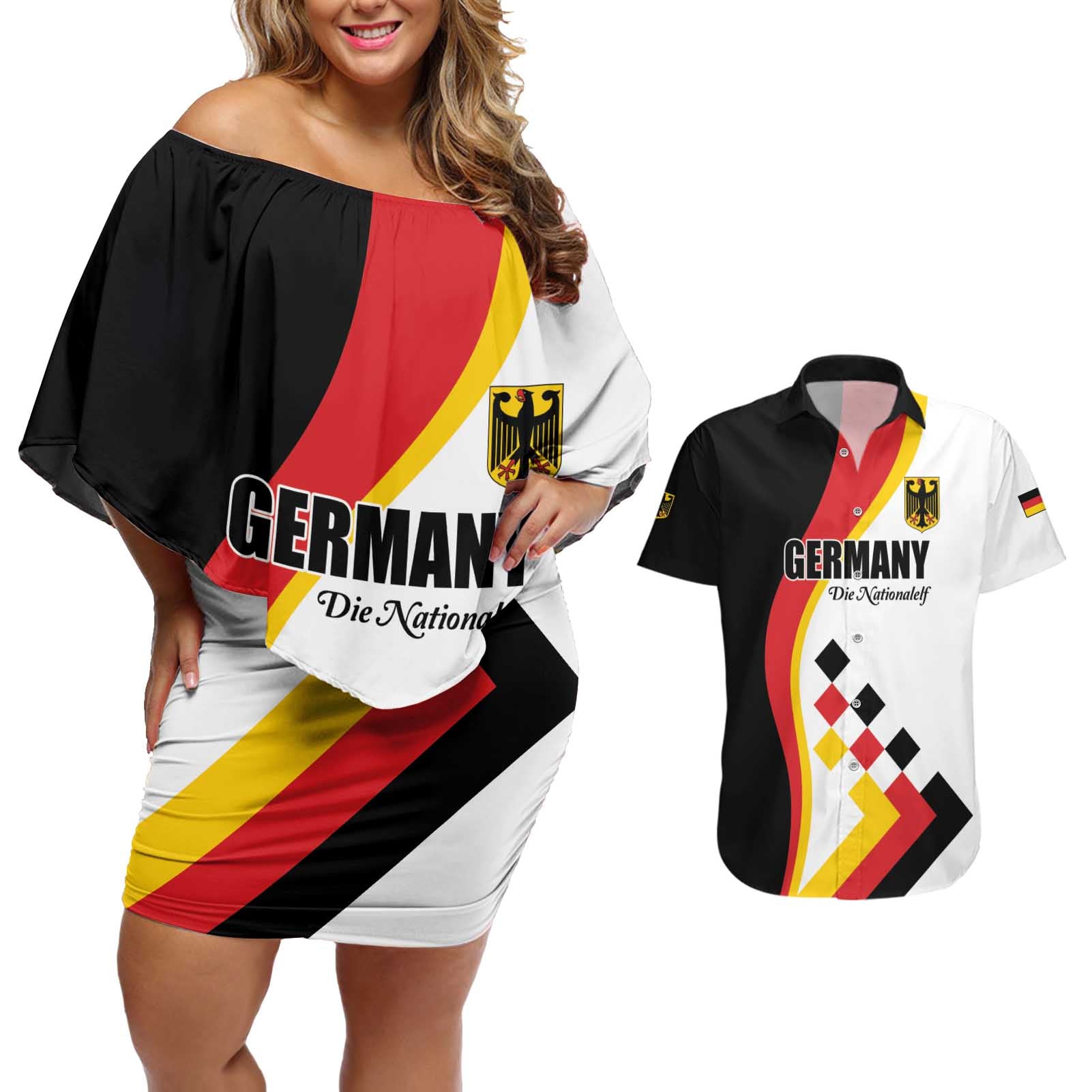 Custom Germany Football Couples Matching Off Shoulder Short Dress and Hawaiian Shirt Auf gehts Deutschland Girls - Wonder Print Shop