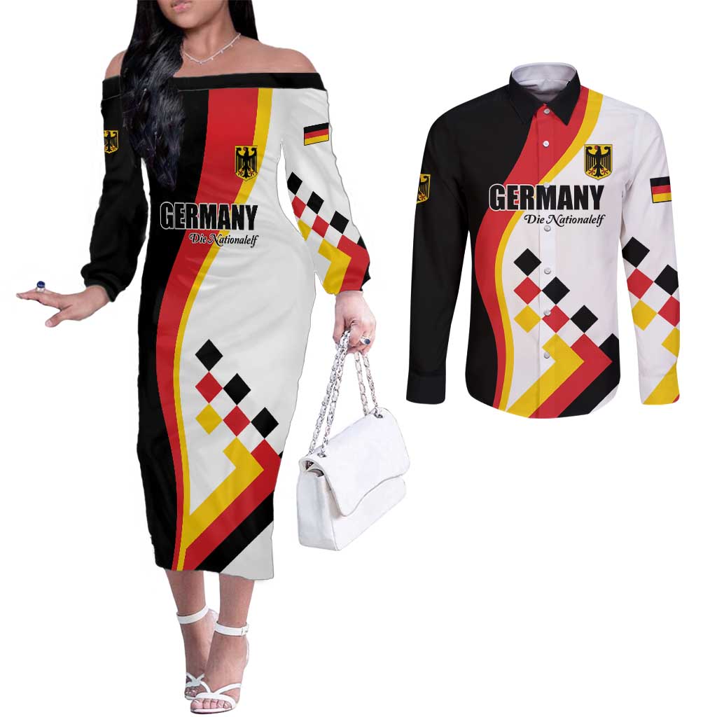 Custom Germany Football Couples Matching Off The Shoulder Long Sleeve Dress and Long Sleeve Button Shirt Auf gehts Deutschland Girls