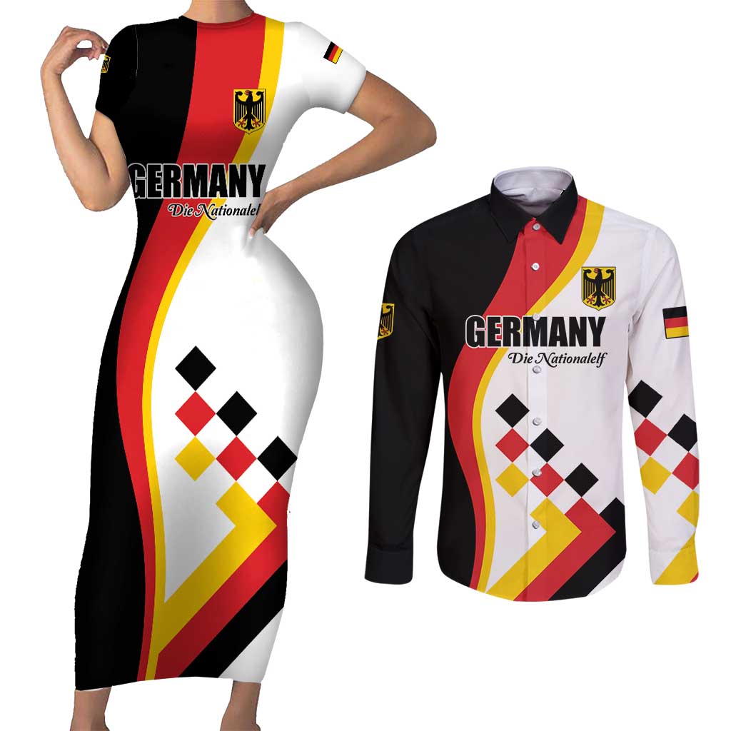 Custom Germany Football Couples Matching Short Sleeve Bodycon Dress and Long Sleeve Button Shirt Auf gehts Deutschland Girls - Wonder Print Shop