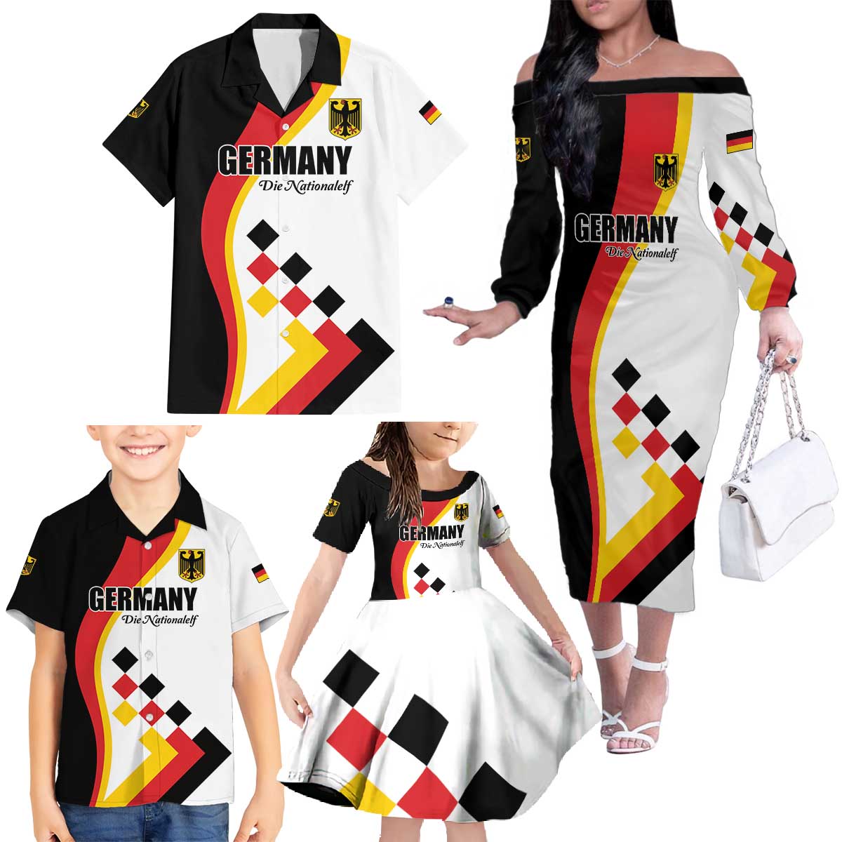 Custom Germany Football Family Matching Off The Shoulder Long Sleeve Dress and Hawaiian Shirt Auf gehts Deutschland Girls - Wonder Print Shop