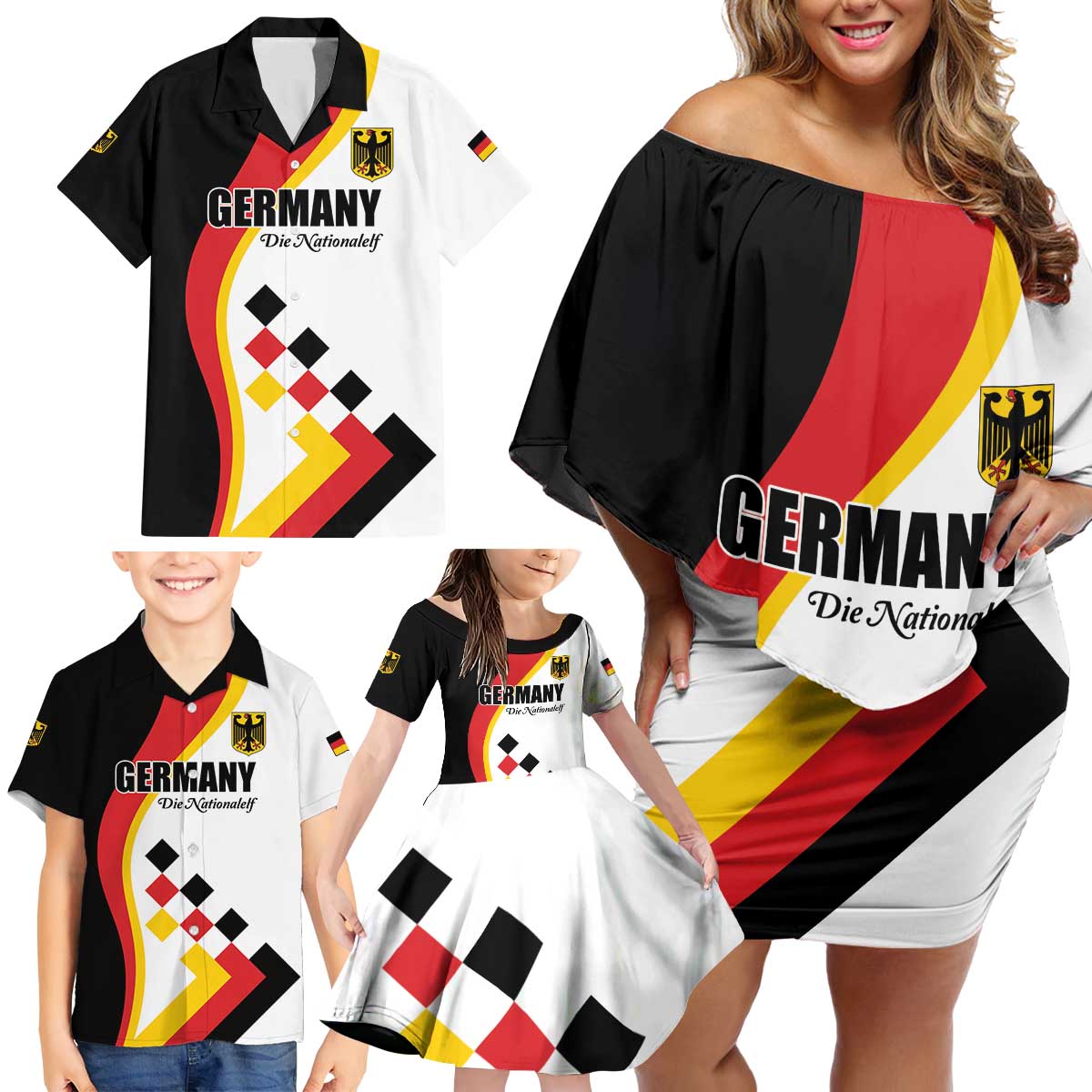 Custom Germany Football Family Matching Off Shoulder Short Dress and Hawaiian Shirt Auf gehts Deutschland Girls - Wonder Print Shop