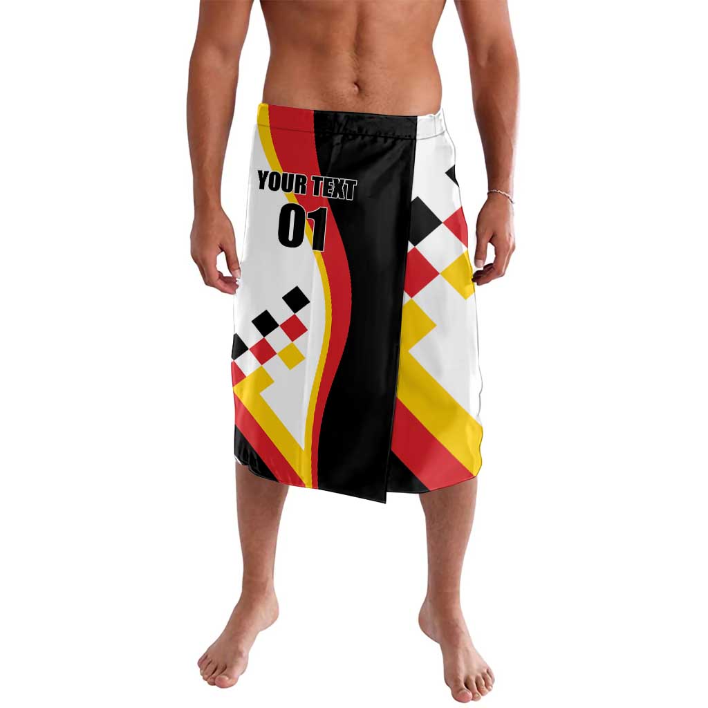 Girls lavalava wrap skirt, white with black panel and Germany flag graphics, 01