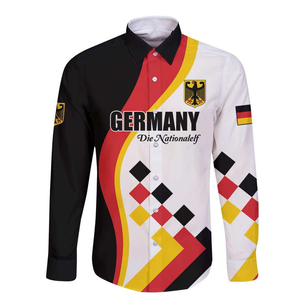 White long sleeve button shirt with Germany crest and bold black/red diagonal graphic