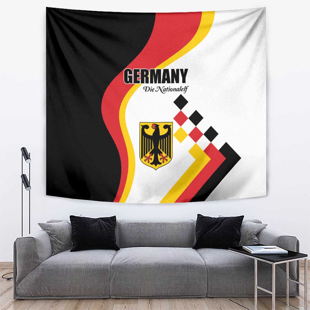 Football tapestry with Germany crest, “Die Nationalelf” text, and red-yellow stripe