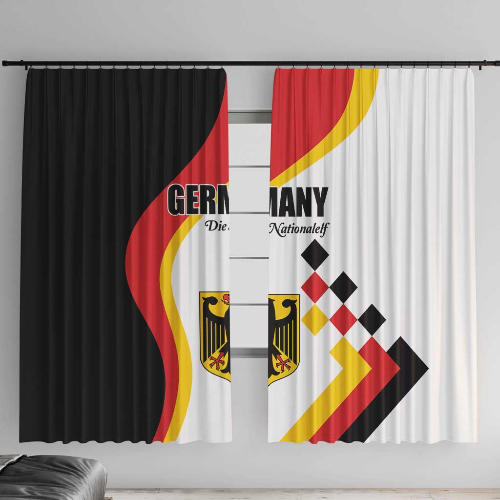 Pair of Germany flag window curtains, white and black with bold red and gold diagonal lines