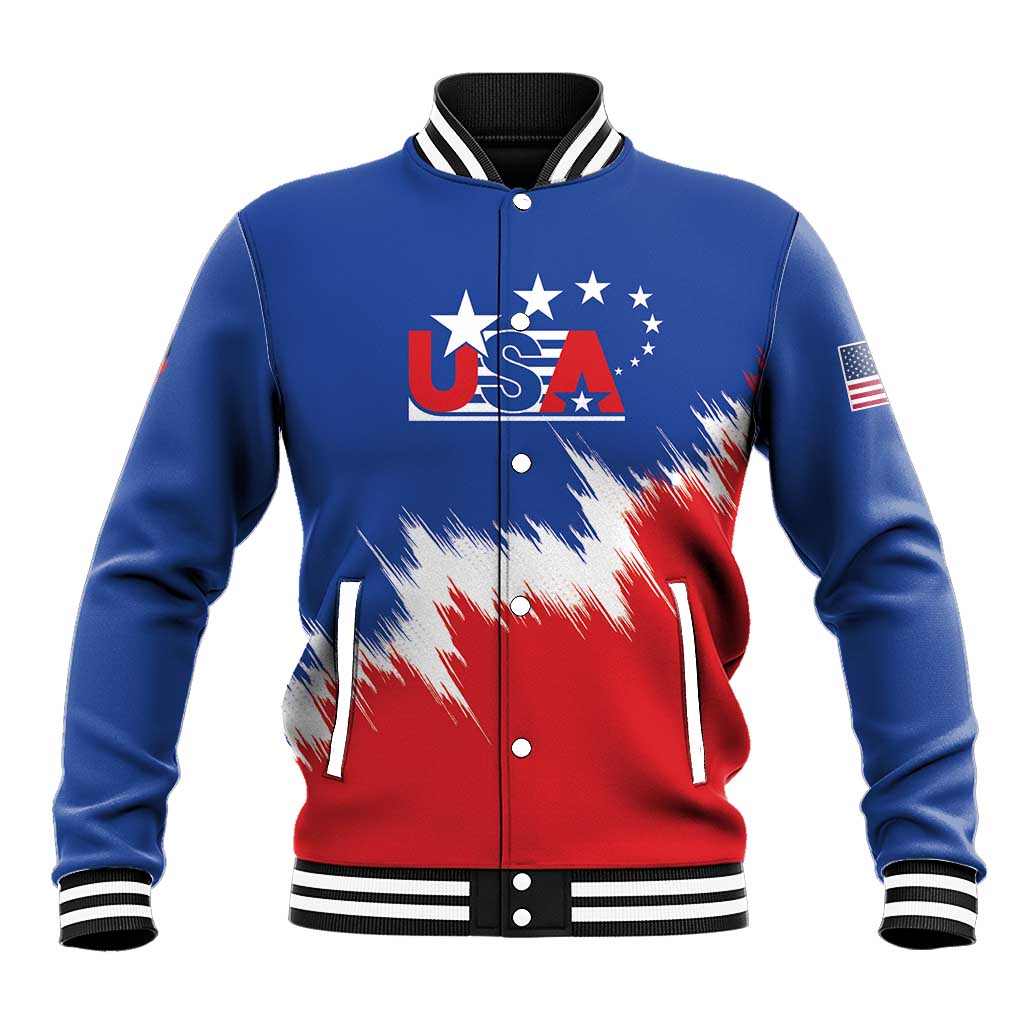 Unisex blue baseball jacket with USA stars, red/white paint graphic, snap front
