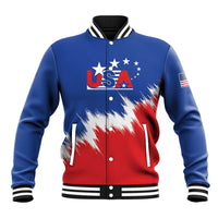 Unisex blue baseball jacket with USA stars, red/white paint graphic, snap front
