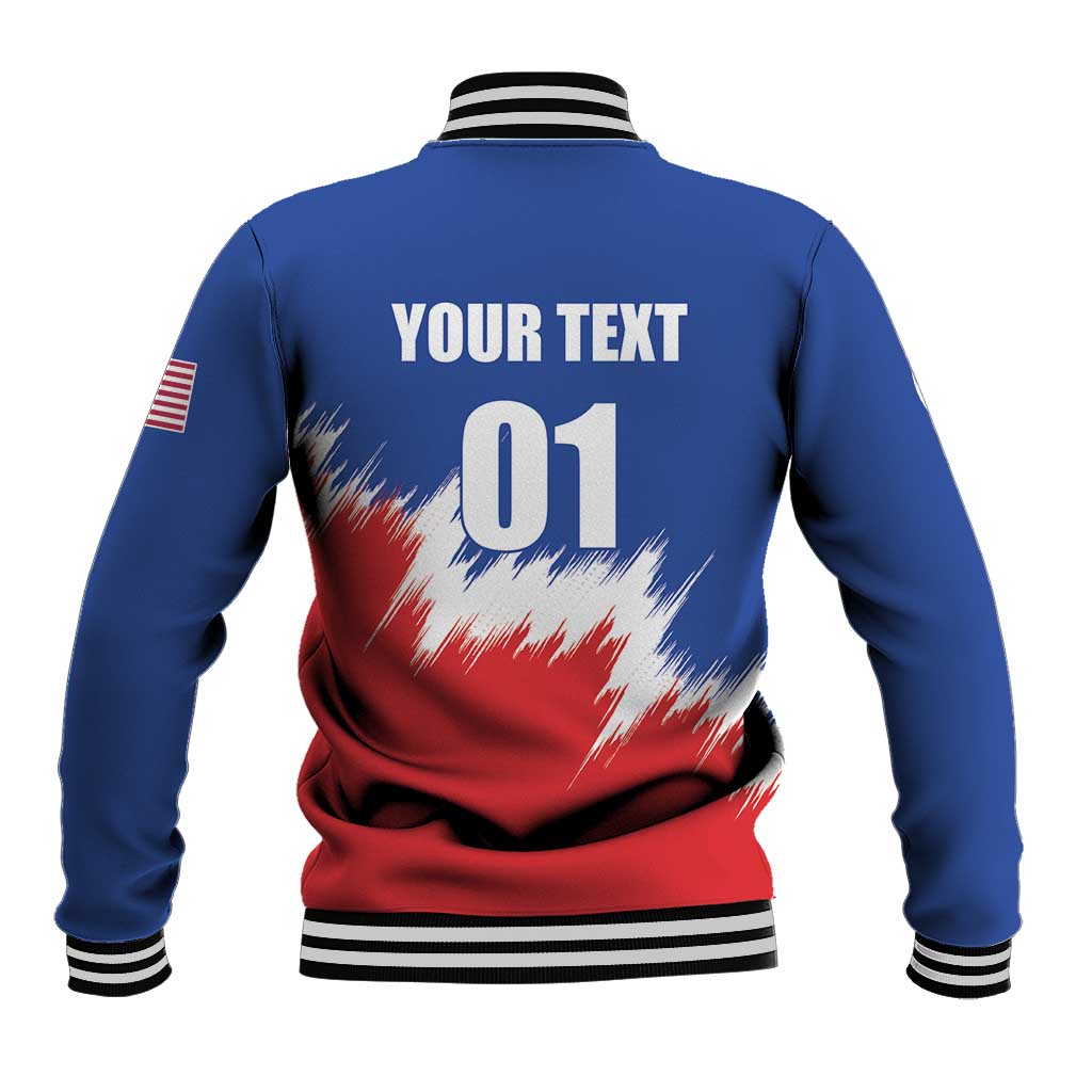 Unisex blue baseball jacket with back text YOUR TEXT and 01, red/white paint graphic