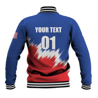 Unisex blue baseball jacket with back text YOUR TEXT and 01, red/white paint graphic