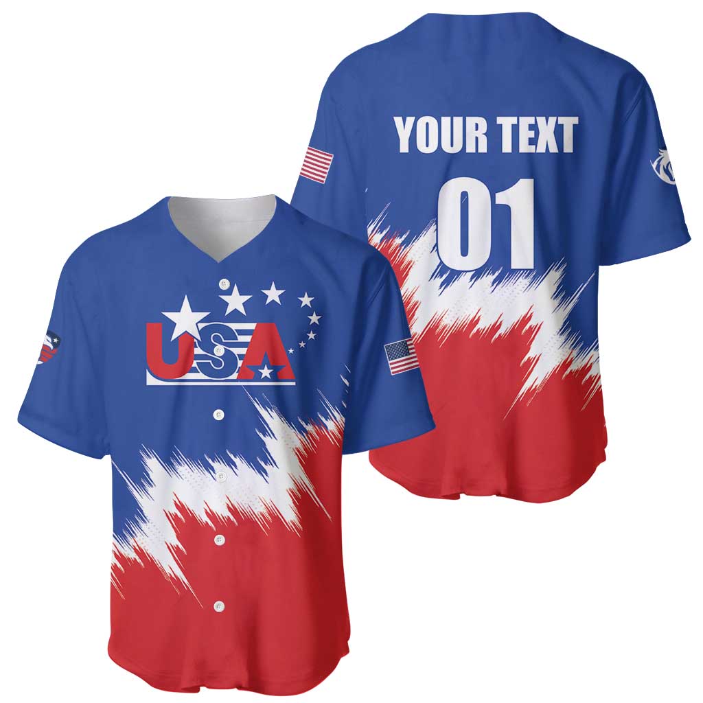 Custom USA baseball jersey, blue and red with patriotic graphic, buttons
