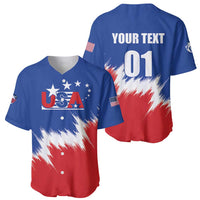 Custom USA baseball jersey, blue and red with patriotic graphic, buttons