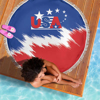Round USA graphic beach blanket, blue top with red-and-white streaks, white fringe