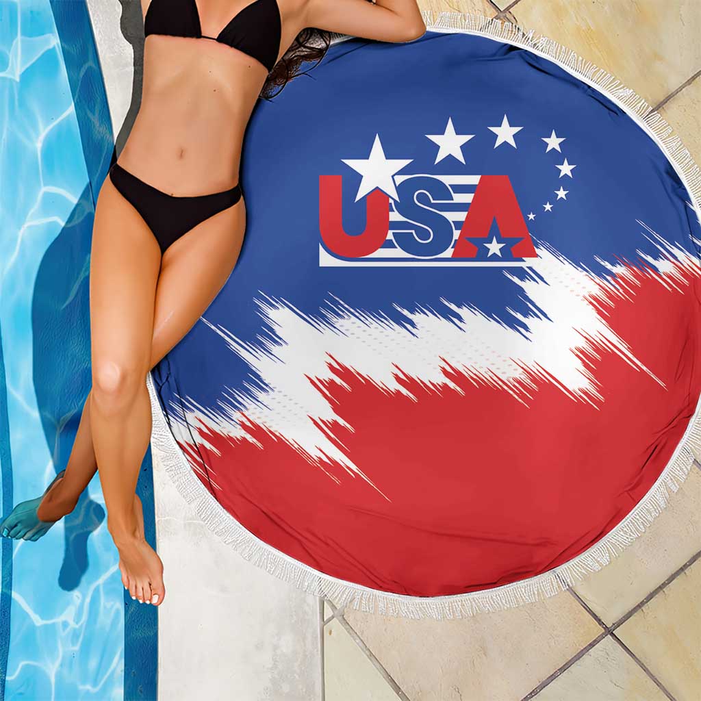 Round USA graphic beach blanket, blue-red-white tie-dye style with white fringe edge