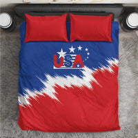 USA soccer bedding set with red and blue comforter, white star stripe graphic, 2 red pillows