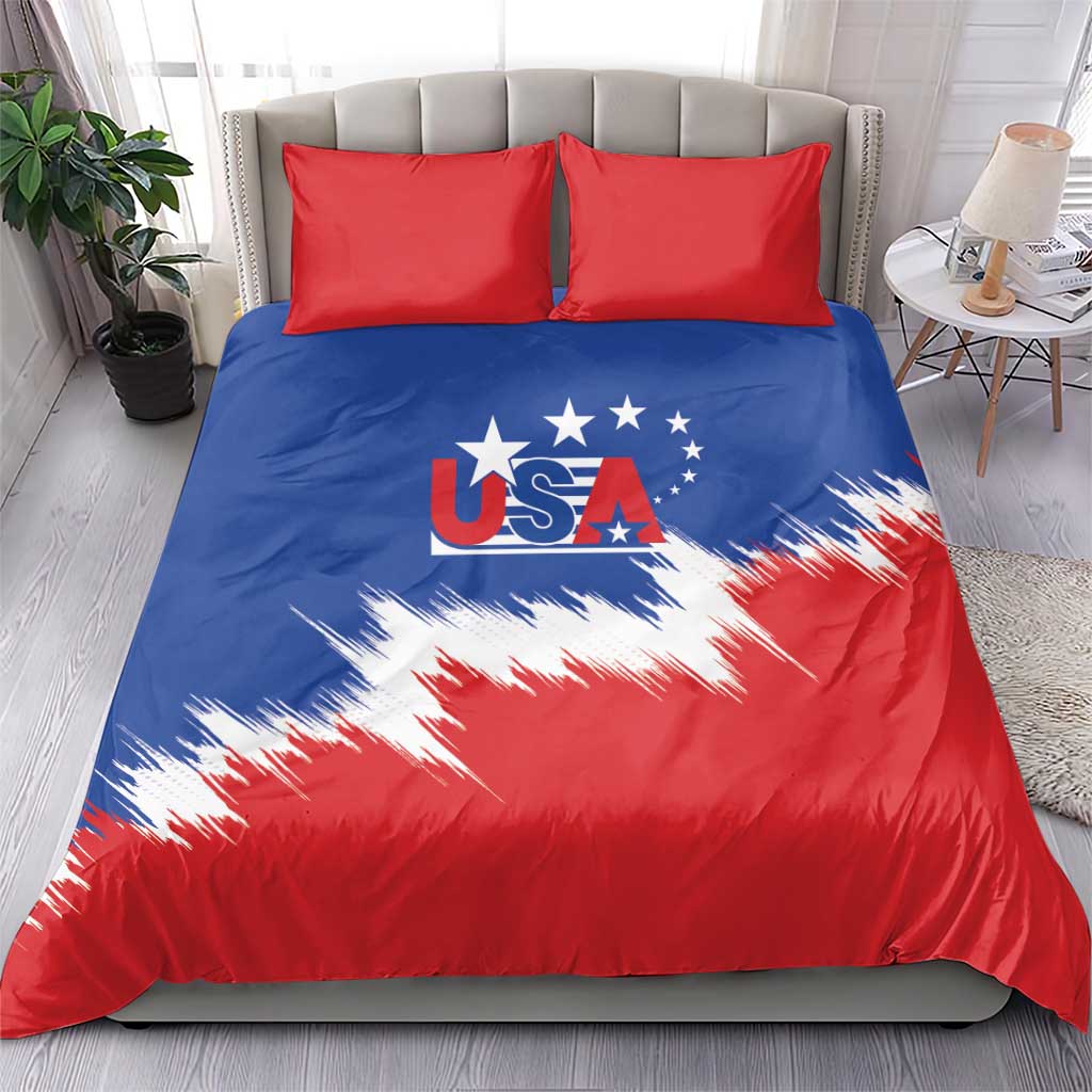 Red and blue USA soccer bedding set featuring star and stripe graphic, with 2 red pillowcases