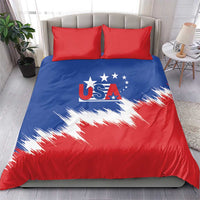Red and blue USA soccer bedding set featuring star and stripe graphic, with 2 red pillowcases