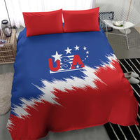 USA soccer bedding set: blue comforter with red-white star stripe design and 2 red pillows
