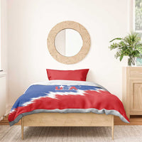 USA soccer bedding set with blue-red star stripe comforter and red pillow on wooden bed