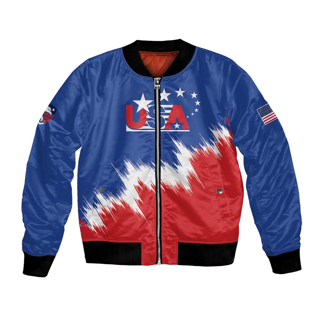 Blue USA-style bomber jacket with full-zip front, stars and stripes graphic