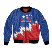 Blue USA-style bomber jacket with full-zip front, stars and stripes graphic