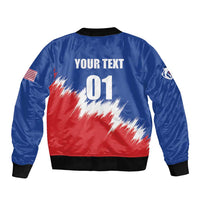 Blue bomber jacket back with 'YOUR TEXT' 01 and stars-and-stripes splash