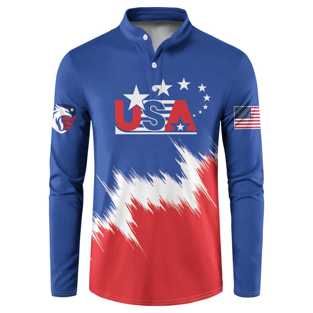 Blue button henley sweatshirt with USA stars-and-stripes chest graphic and flag sleeve patch